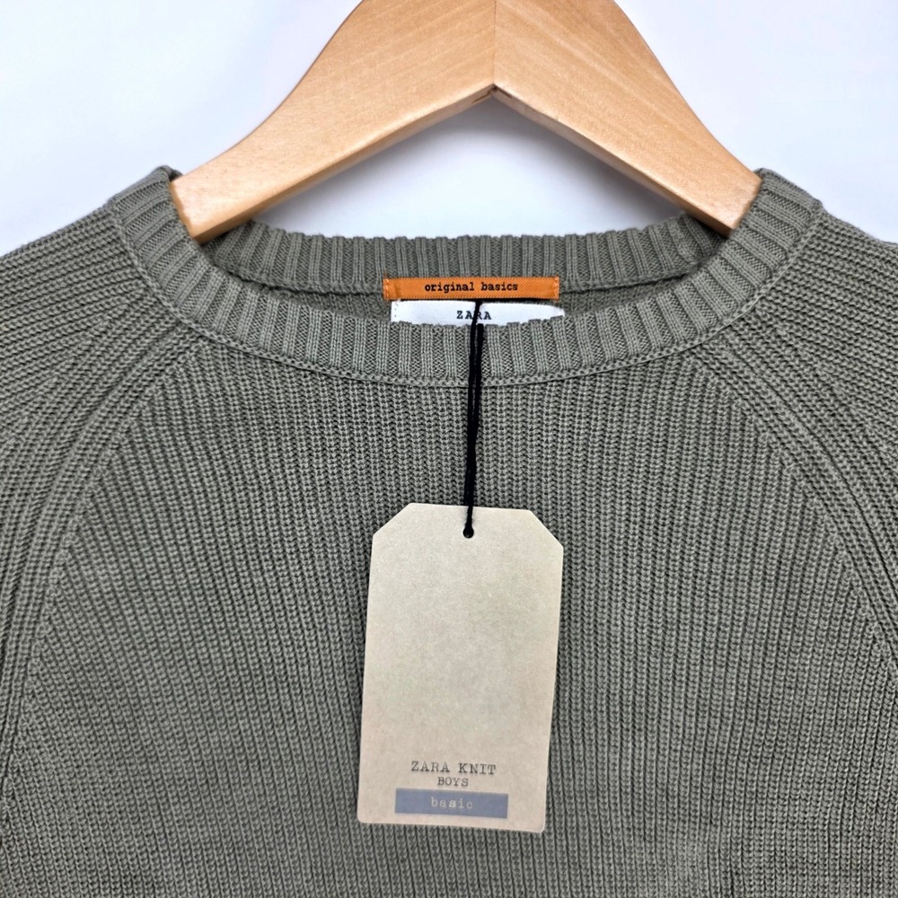 Zara Sweater Boys 8 Olive Green Ribbed Knit Crewneck Raglan 3471/666/506